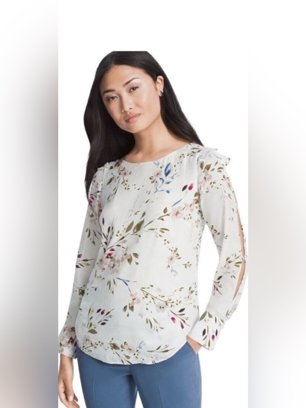 White House Black Market Juliette Blouse Ivory Muted Floral Split Long Sleeves 4